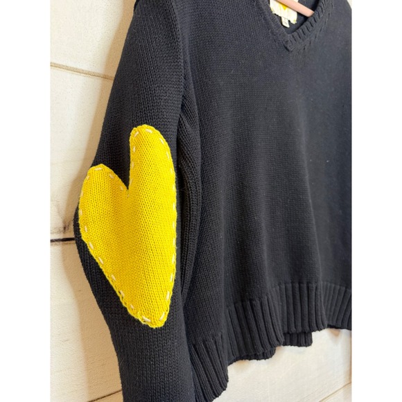 Kerri Rosenthal Womens V-Neck Cotton Sweater Black Yellow Heart Elbow Patches S - Picture 3 of 7